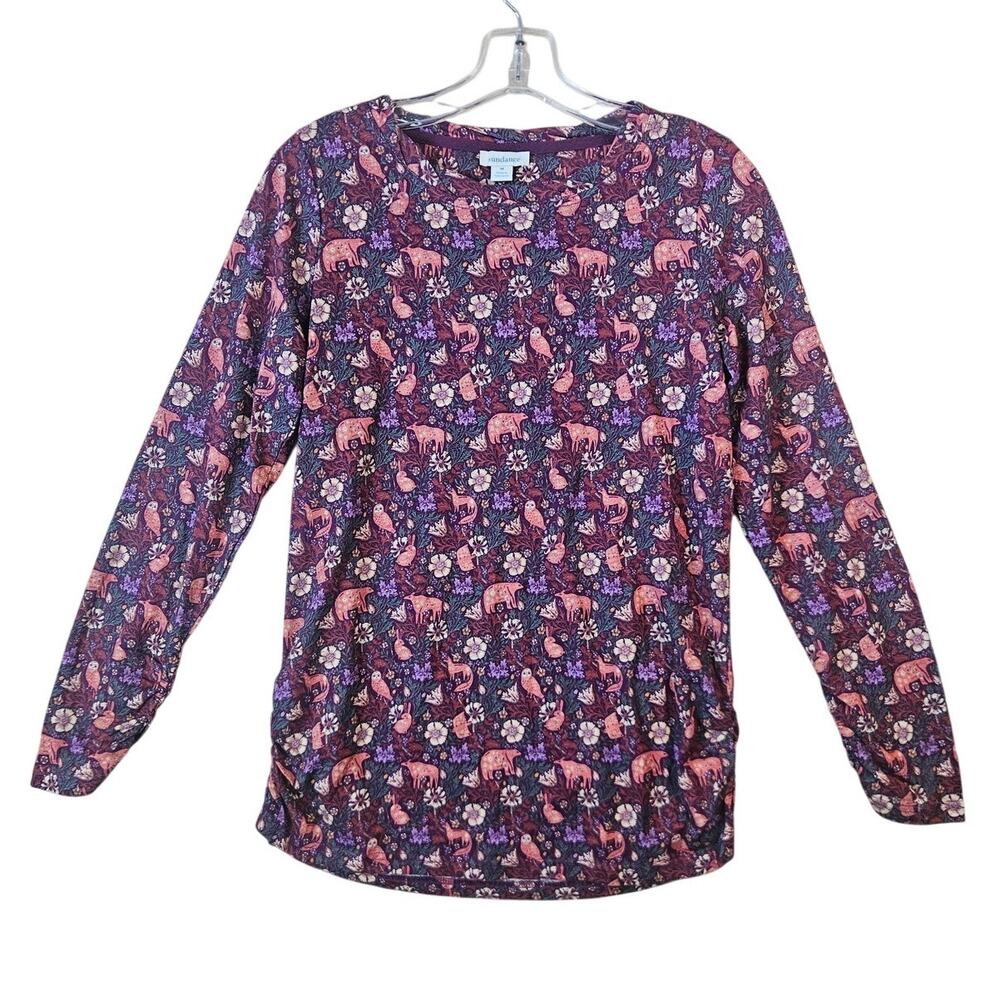 Sundance Woodland Long Sleeve Shirt Burgundy Floral Animal Rouched Side Cotton